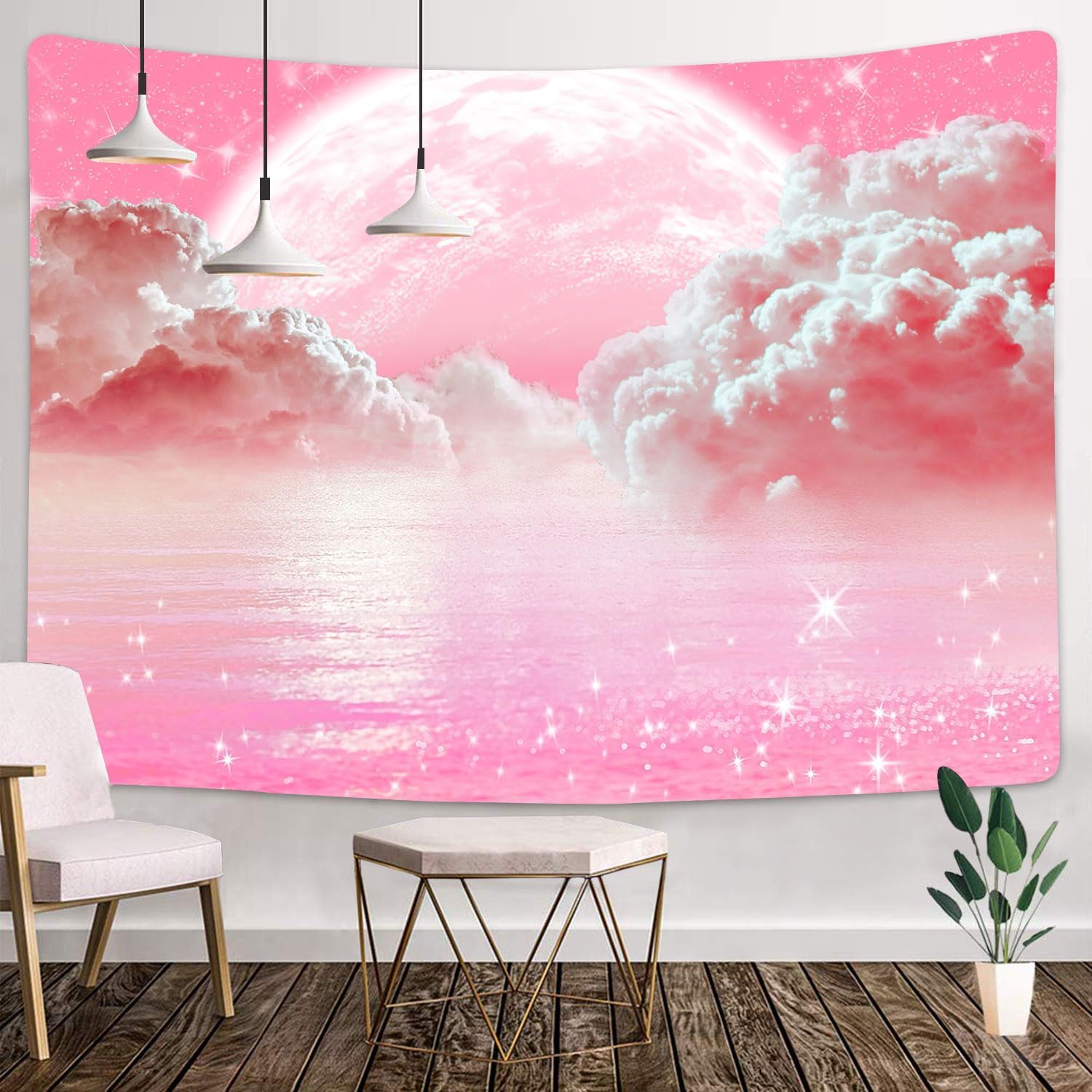 Wall Scroll Tapestry - Różowe Chmury Niebo Gobelin Ocean Księżyc